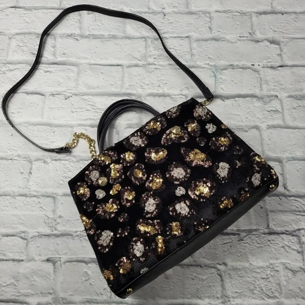 Mobwife Betsey Johnson Evening Prowl Velvet & Leopard Sequin Convertible Satchel